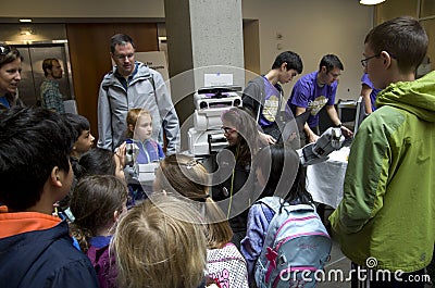 Student field trip at science fair in college campus Editorial Stock Photo