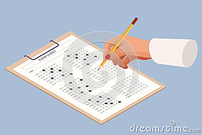 The student filling out answers to exam test answer sheet with a pencil. Education concept. Isometric vector Vector Illustration