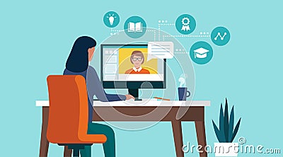 Student following online courses on her computer at home Vector Illustration