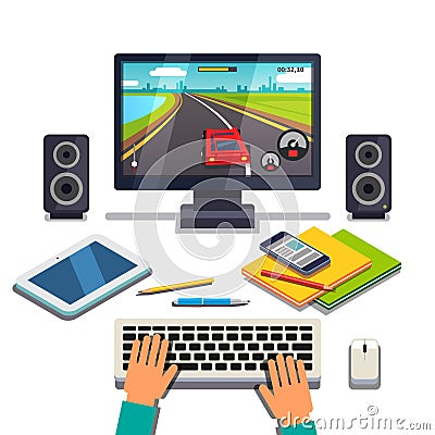 Student is gaming on a desktop computer pc Vector Illustration