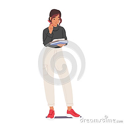 Student Girl Character Standing With Pen And Notebooks In Hand. Studious And Organized Person Learning Vector Illustration