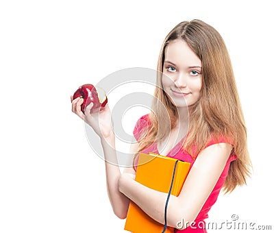 Student girl eating apple. Stock Photo