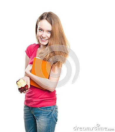 Student girl eating apple. Stock Photo