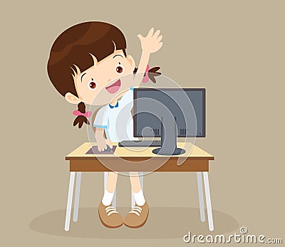Student girl learning computer hand up Vector Illustration
