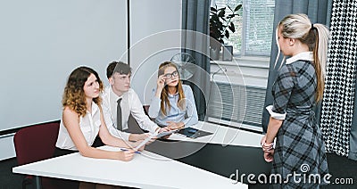 Student girl speak scientific conference Stock Photo