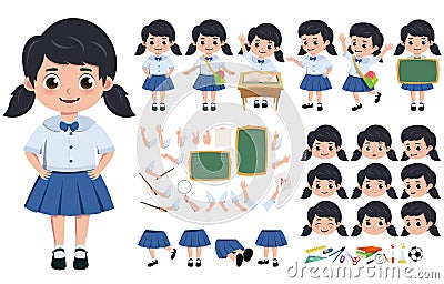 Student girl in uniform character creation, kit vector set. pre-school, student in uniform editable. Vector Illustration