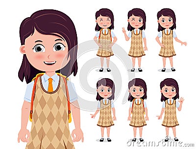 Student girl vector character set. School 3d female students in standing pose and happy facial expression for back to school. Vector Illustration