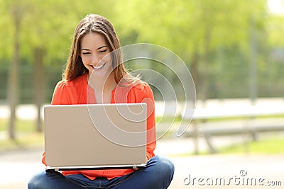 Student girl working with a laptop in a green park Stock Photo