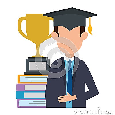 Student graduated with trophy and books Vector Illustration