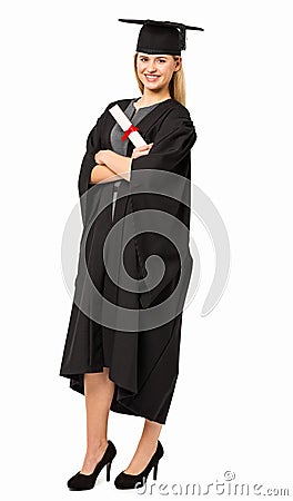 Student In Graduation Gown Holding Certificate Stock Photo