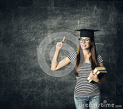 Student in Graduation Hat, Finger Point, Master Girl in Glasses Stock Photo