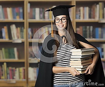 Student in Graduation Hat holding Education Books, Master Woman Stock Photo