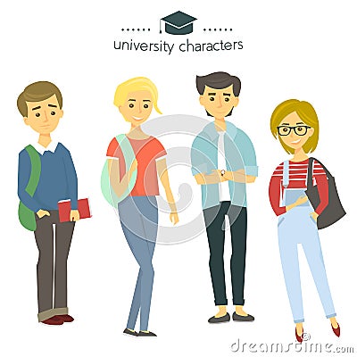 Student group isolated on white. University characters. Students with books. Vector Illustration. Vector Illustration