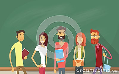 Student Group Over Green Blackboard Holding Books Vector Illustration