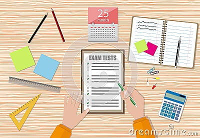 Student hand fills examination quiz paper Vector Illustration