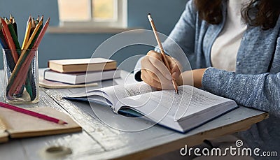 Student hand preparing for college test, exam Stock Photo