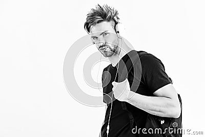 Student handsome guy listening music. Rhythmic melody concept. Download music application. Youth music taste. Man Stock Photo