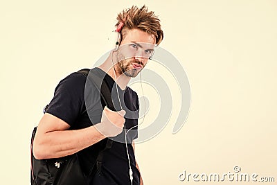 Student handsome guy listening music. Rhythmic melody concept. Download music application. Youth music taste. Man Stock Photo