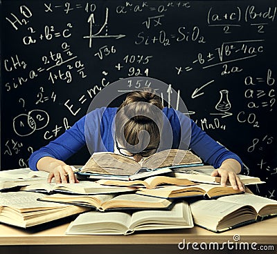 Student Hard Study, Tired Bored Woman Read Books over Blackboard Stock Photo