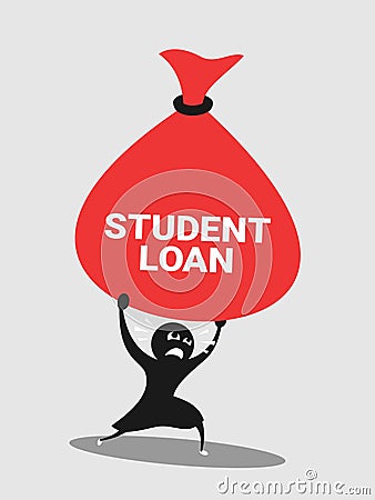 Student has financial problem, difficulty and trouble with heavy money because of student loan and debt Vector Illustration