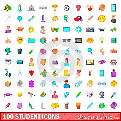 100 student icons set, cartoon style Vector Illustration