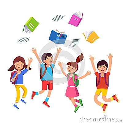 Student kids jumping raising hands above head Vector Illustration