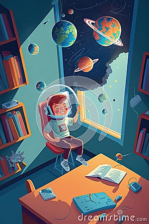 Student kind in a classroom is experiencing Space Gravity and experience of Astronaut for imagination and knowledge, Generative AI Stock Photo