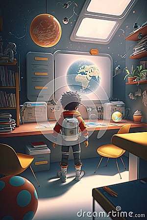 Student kind in a classroom is experiencing Space Gravity and experience of Astronaut for imagination and knowledge, Generative AI Stock Photo