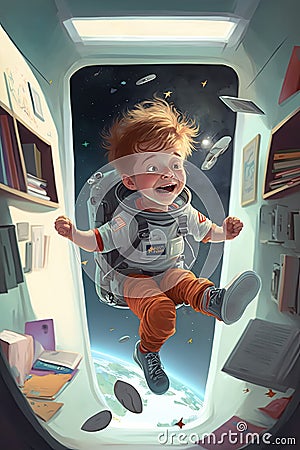 Student kind in a classroom is experiencing Space Gravity and experience of Astronaut for imagination and knowledge, Generative AI Stock Photo