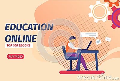 Student with Laptop Learning Distant via Internet. Vector Illustration