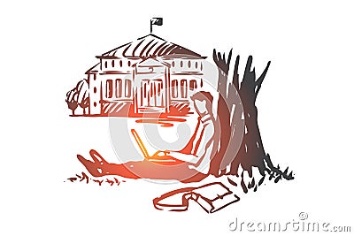 Student, laptop, tree, work, park concept. Hand drawn isolated vector. Vector Illustration