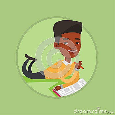 Student laying on the floor and reading book. Vector Illustration