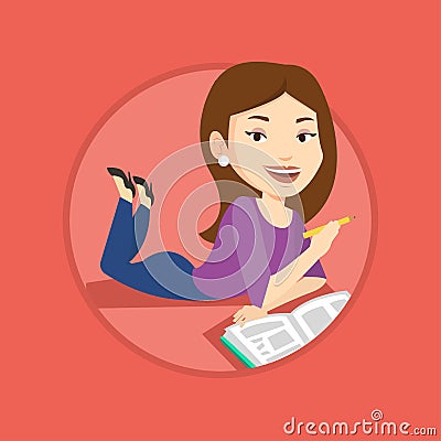 Student laying on the floor and reading book. Vector Illustration