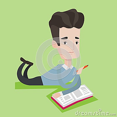 Student laying on the floor and reading book. Vector Illustration