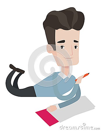 Student laying on the floor and reading book. Vector Illustration