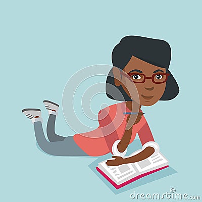 Student laying on the floor and reading a book. Vector Illustration
