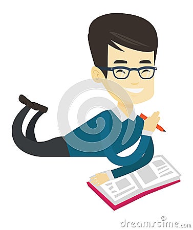 Student laying on the floor and reading book. Vector Illustration