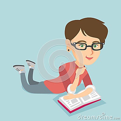 Student laying on the floor and reading a book. Vector Illustration