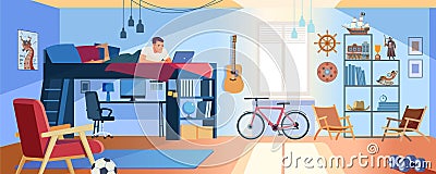 Student Learning Online at Home. Young Teen lying at bunk bed, Looking at Laptop and Studying. Dormitory room interior Vector Illustration