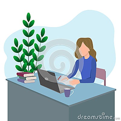 Student in the learning process, front view.Working at the computer. A girl is sitting at a table, studying online using her Vector Illustration
