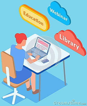 Student is learning, working at home. Books, remote work and educational programs in laptop Vector Illustration