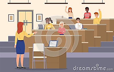 Student lecture hall. Conference auditorium with teacher and young learners, listeners on seminar, professor woman and Vector Illustration