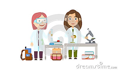 Student in the lesson of science conduct biologic and chemical experiments Vector Illustration