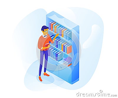 Student in library vector flat color illustration Vector Illustration