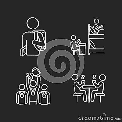 Student life chalk white icons set on black background Vector Illustration