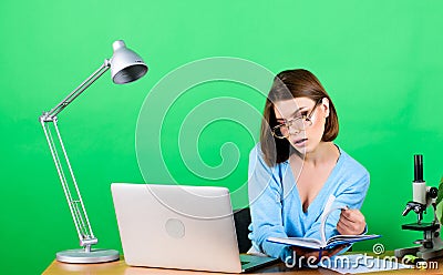 Student life. High school education. Start career of teacher. Online remote classes. Student preparing to exams. Girl Stock Photo