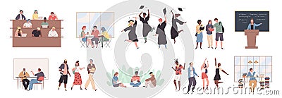 Student life. Young people activities. Guys and girls study at lectures or seminars at university. College learner group Vector Illustration