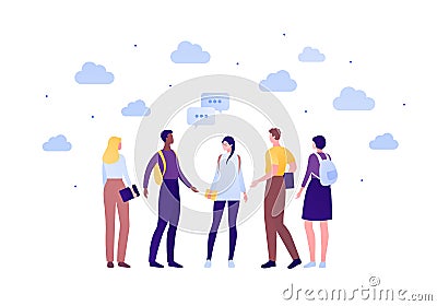 Student lifestyle and diversity friendship concept. Vector flat person illustration. Group of multi-ethnic young adult friend hold Vector Illustration