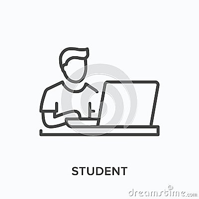 Student line icon. Vector outline illustration of man working on the computer. Online education pictorgam Vector Illustration