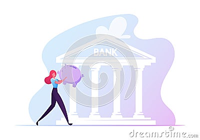 Student Loan, Debt for Education Concept. Girl Student Character Carry Piggy Bank Walking to Take Educational Loan Vector Illustration